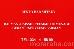 RESTAURANT MITADY GERANT/ FEMME DE MENAGE /BARMAN /CAISSIERE 