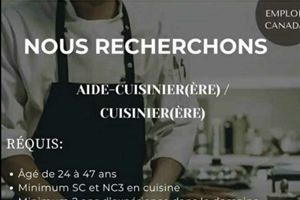 OFFRE EMPLOIS CANADA CHERHE DE CUISSINIER (E) / AIDE CUISINNIER (E)