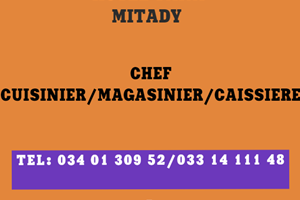 HOTEL MITADY MAGASINIER/CAISSIERE/SERVEUR 